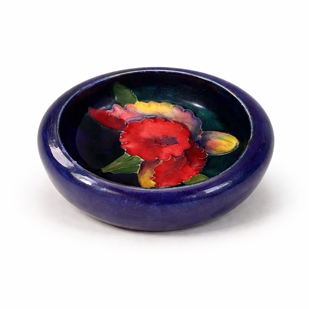Vintage Moorcroft Art Pottery Trinket Dish 4.5” Floral Cobalt Blue England